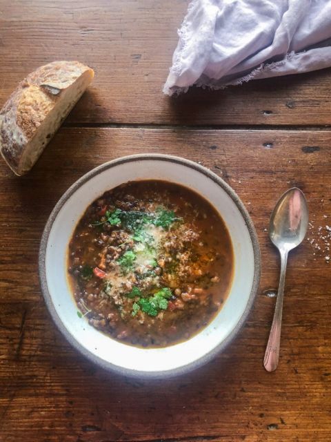 Lentil bacon spinach soup